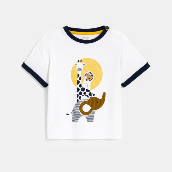 تي شيرت باللون الأبيض ومُزيَّن برسمة حيوانات، للفتيان الصغار